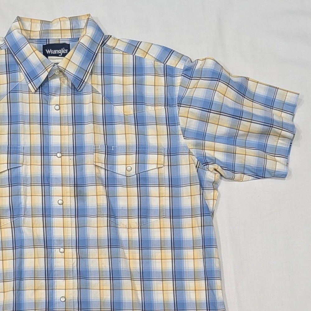 Wrangler Mens Plaid Western Pearl Snap Short Sleeve Shirt Blue Yellow XL